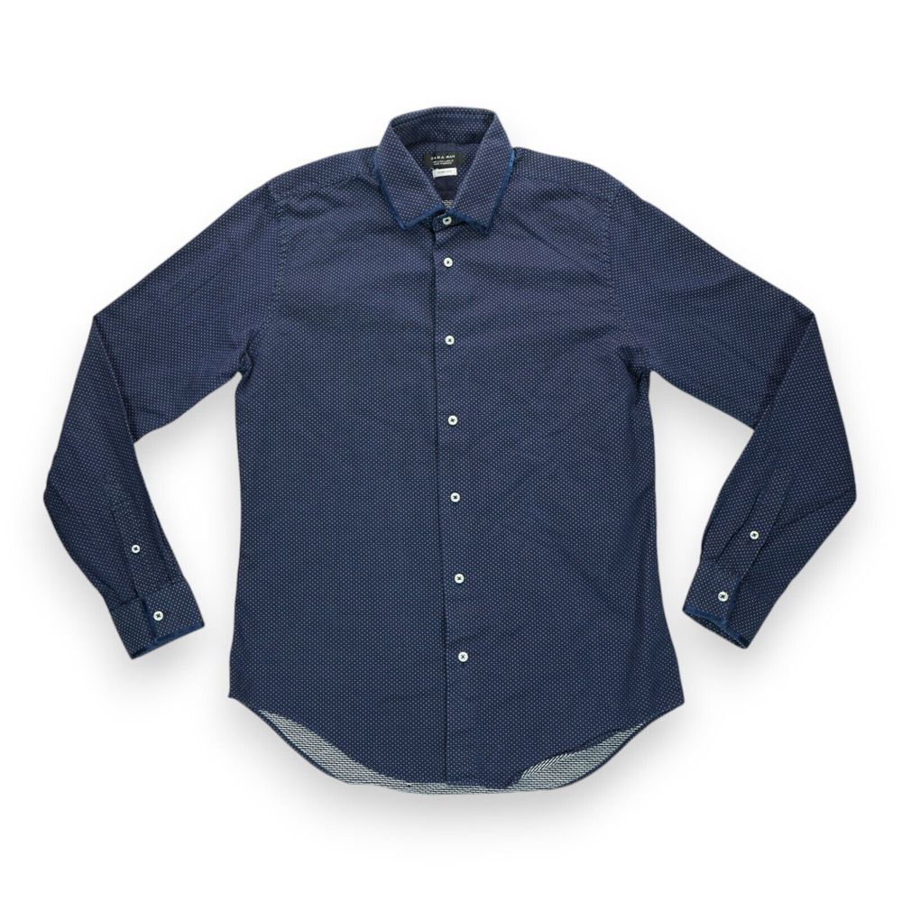 Zara Man Slim Fit Polka Dot Dress Shirt Size Large Blue Long Sleeve Cotton